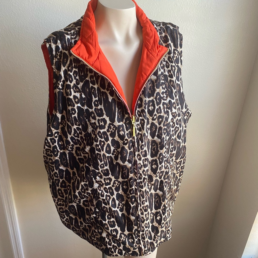 Reversible leopard and orange puffer vest